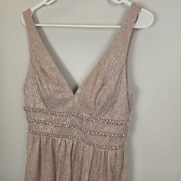 City Triangles Metallic ALine Gown with Beaded Waist Bands Blush PROM WEDDING 13 - Picture 3 of 12